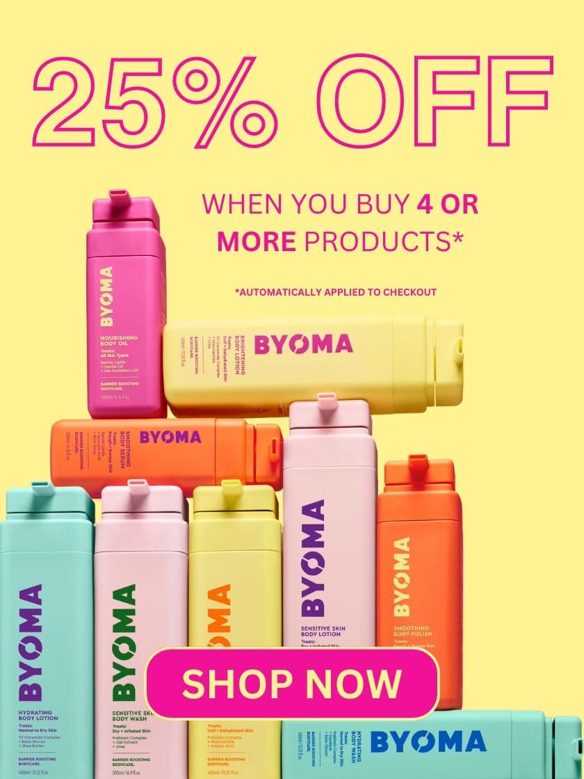 “BYOMA sale banner offering 25% off when buying four or more products.