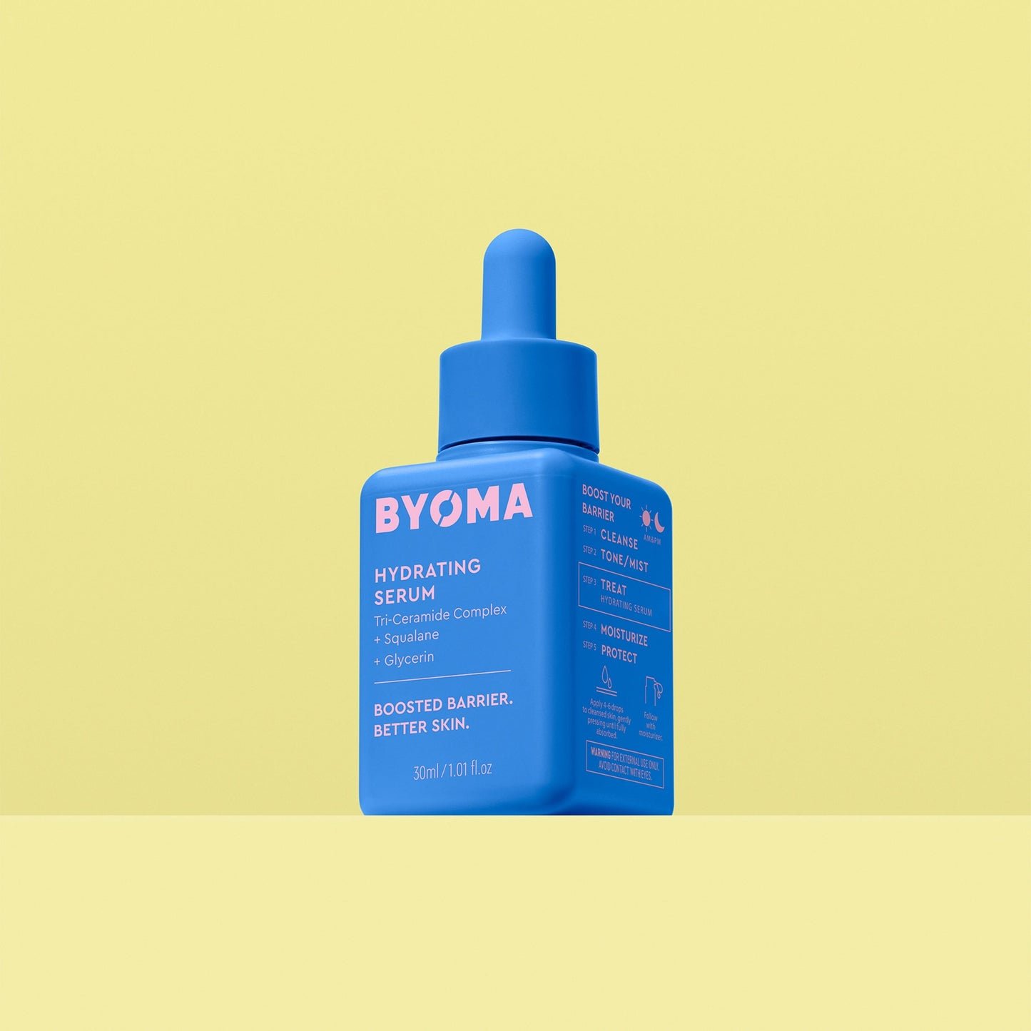 A BYOMA Hydrating Serum bottle in vibrant blue.