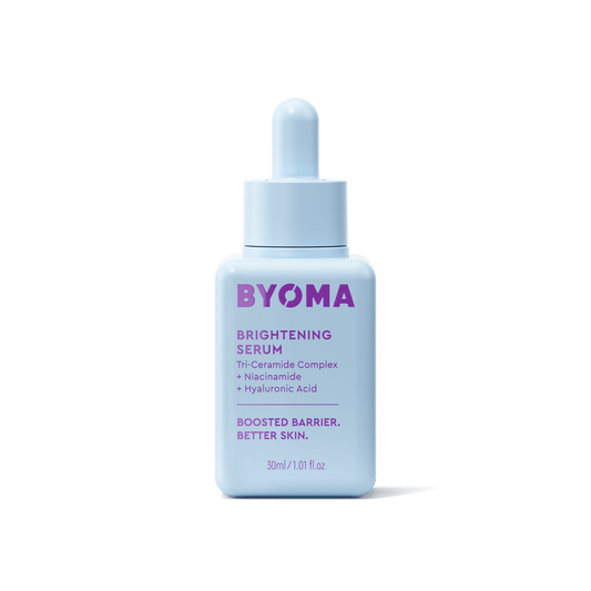A bottle of Byoma Brightening Serum with dropper. 
