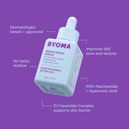 A BYOMA Brightening Serum bottle with text highlighting key benefits.