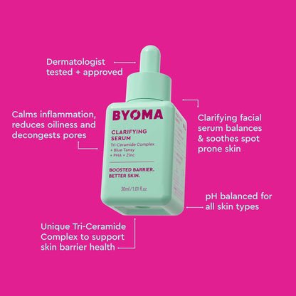 A BYOMA Clarifying Serum bottle in mint green, with text highlighting key benefits.
