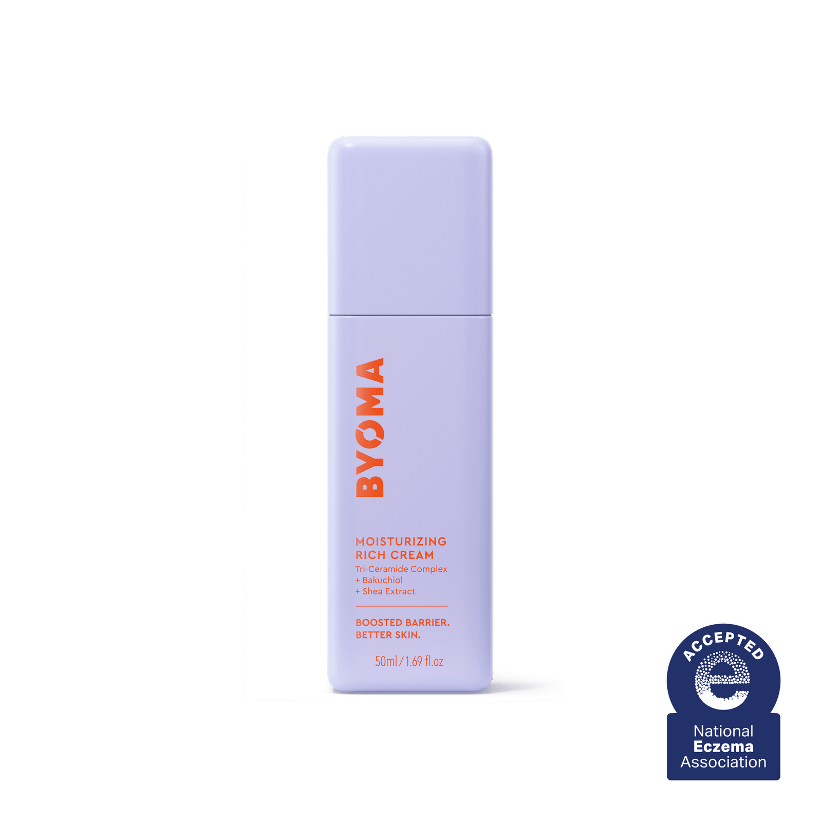A BYOMA Moisturizing Rich Cream bottle with National Eczema Association approval seal.