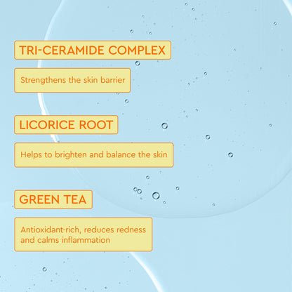Labels highlighting key ingredients in a skincare product: Tri-Ceramide Complex, Licorice Root, and Green Tea.