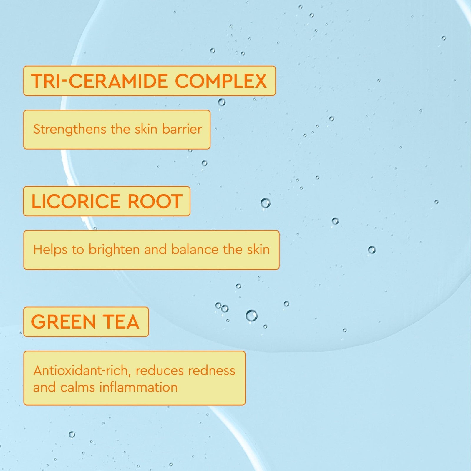 Labels highlighting key ingredients in a skincare product: Tri-Ceramide Complex, Licorice Root, and Green Tea.