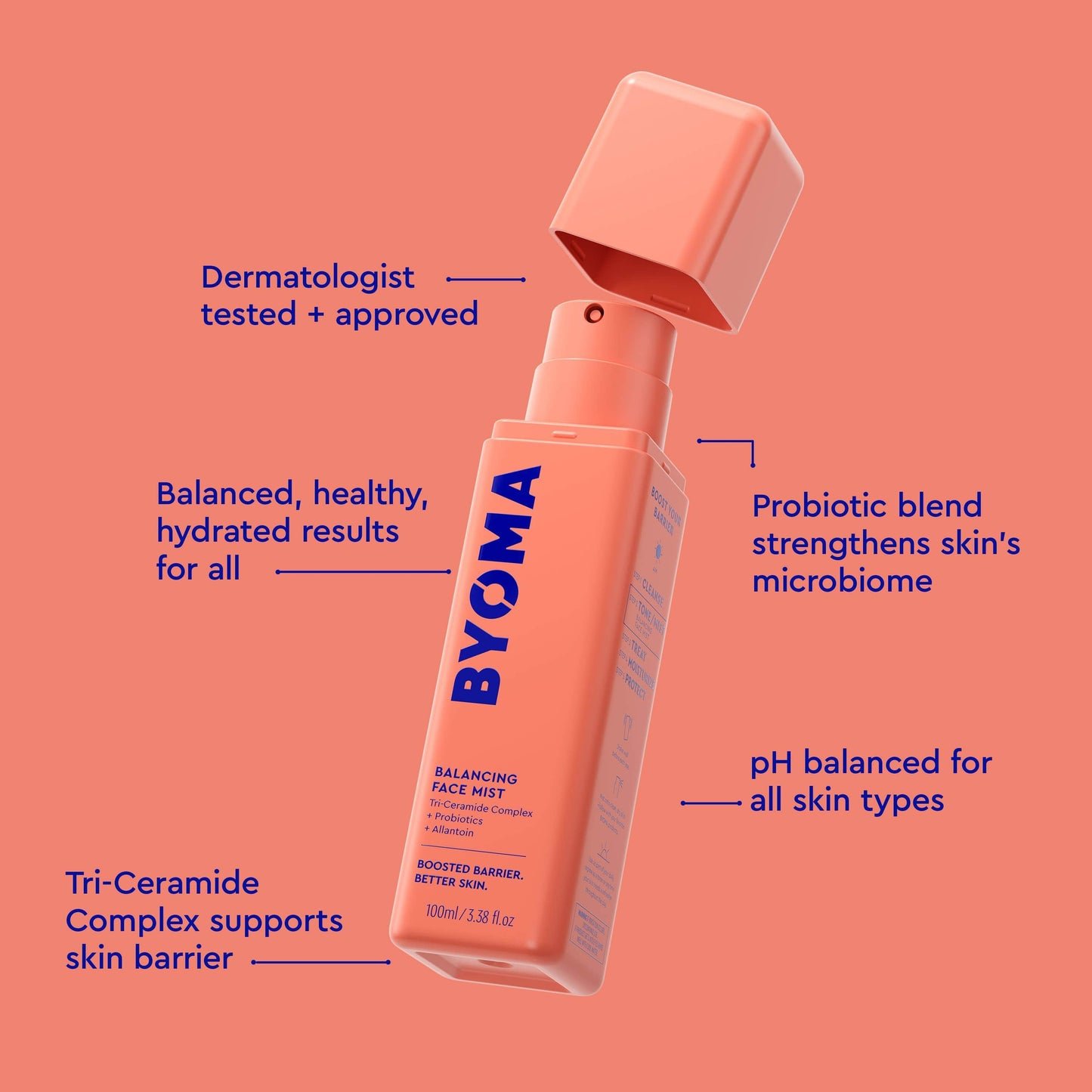 A BYOMA Balancing Face Mist bottle with a floating cap, featuring text that highlights key benefits.