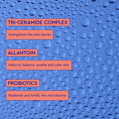 A skincare infographic highlights key ingredients and their benefits: Tri-Ceramide Complex, Allantoin and Probiotics.