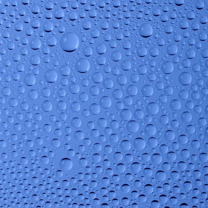 Water droplets on a smooth blue surface.