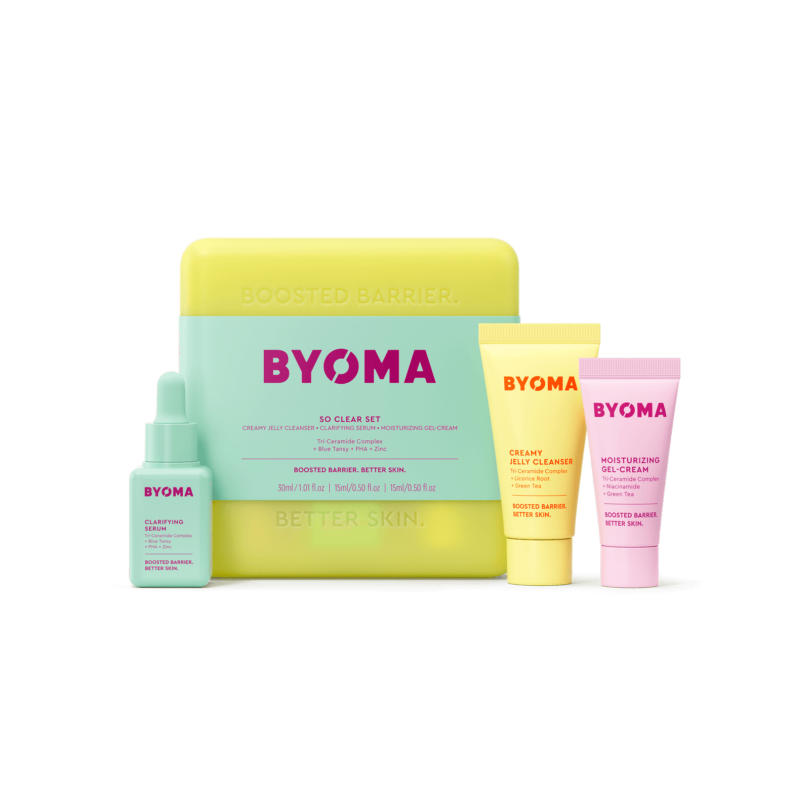 BYOMA So Clear Set featuring a yellow case, accompanied by a Clarifying serum, Creamy Jelly Cleanser and Moisturizing Gel Cream.