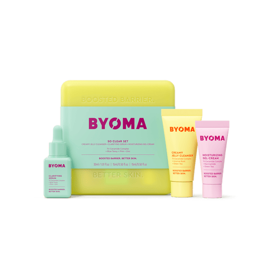 BYOMA So Clear Set featuring a yellow case, accompanied by a Clarifying serum, Creamy Jelly Cleanser and Moisturizing Gel Cream.