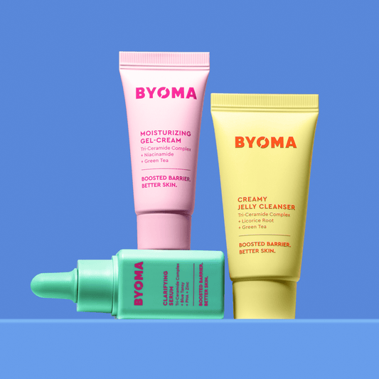 BYOMA skincare trio featuring Calming serum, Creamy Jelly Cleanser and Moisturizing Gel-Cream.