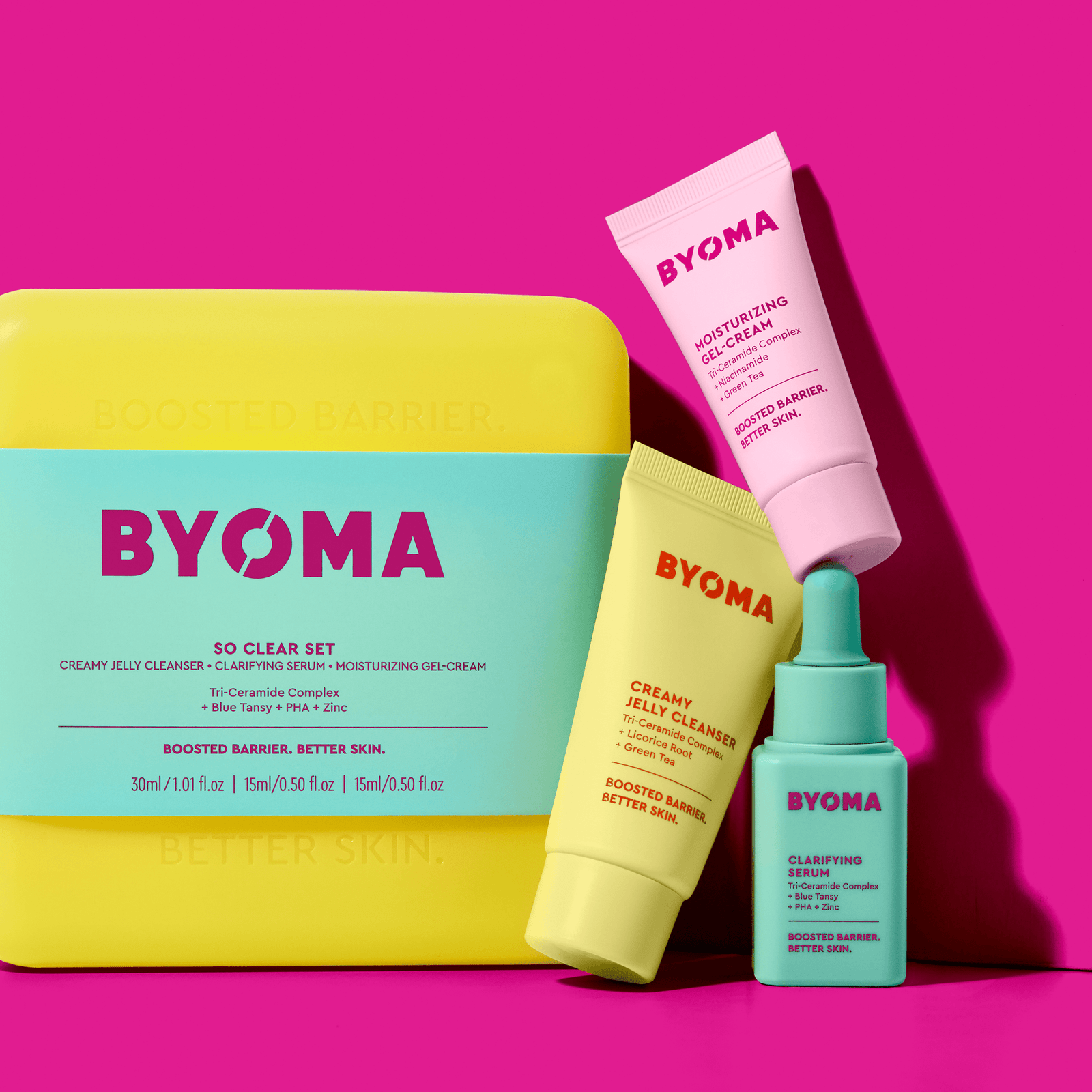BYOMA So Clear Set featuring a yellow case, accompanied by a Clarifying serum, Creamy Jelly Cleanser and Moisturizing Gel Cream.