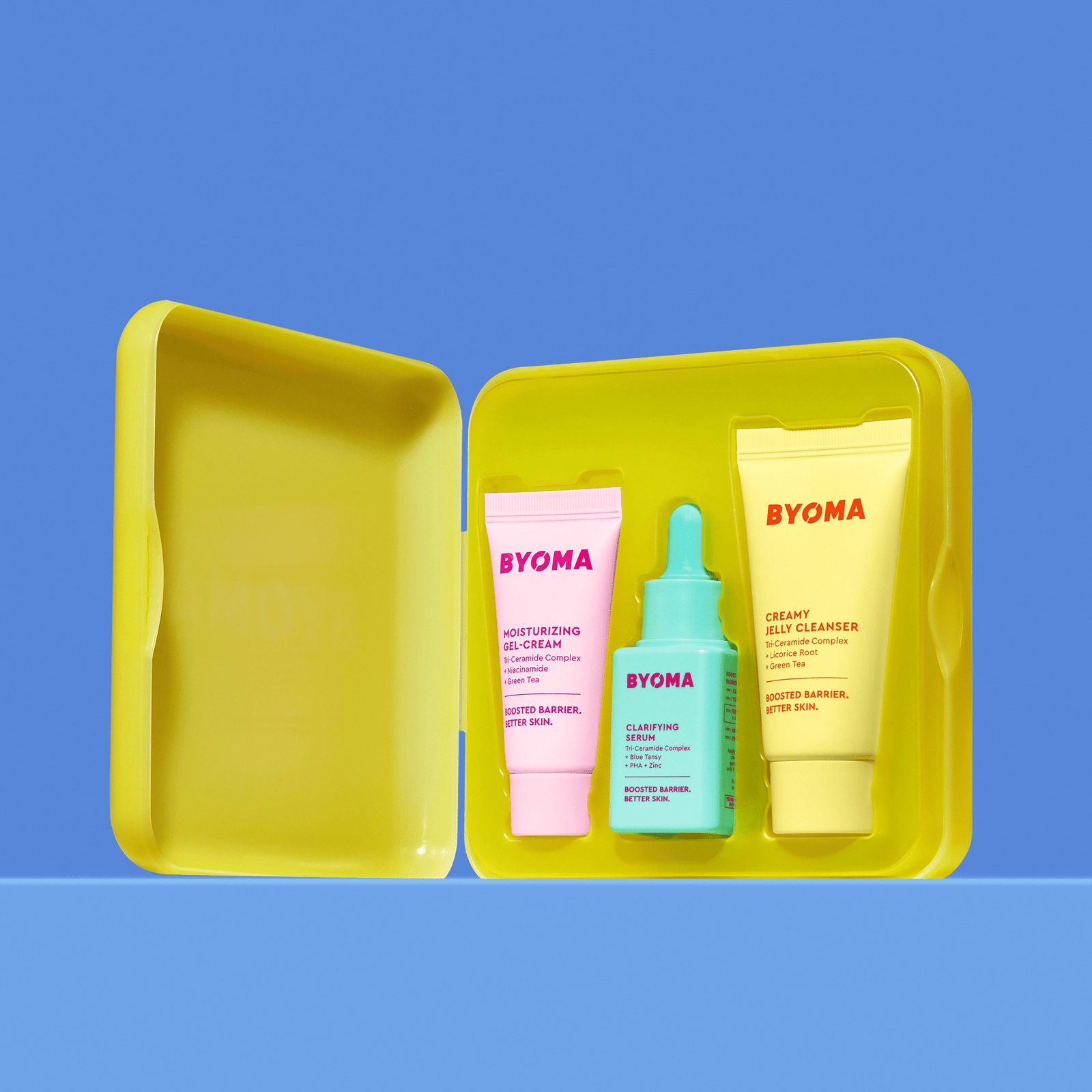 BYOMA So Clear Set in a yellow case, including a Clarifying Serum, Creamy Jelly Cleanser, and Moisturizing Gel-Cream inside.