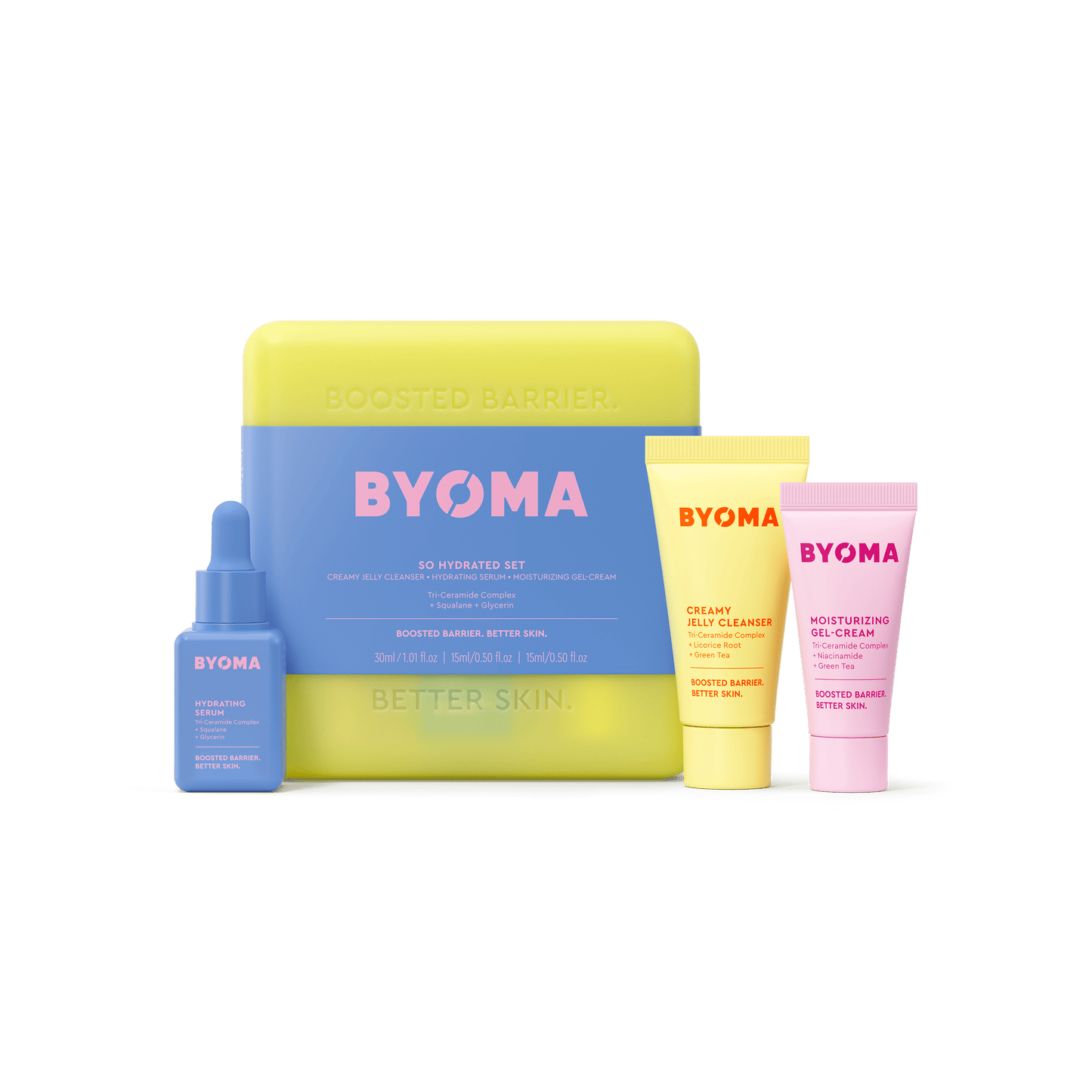 BYOMA So Hydrated Set, featuring a pastel yellow and blue packaging box along with three skincare products. 