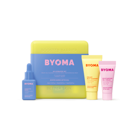 BYOMA So Hydrated Set, featuring a pastel yellow and blue packaging box along with three skincare products. 