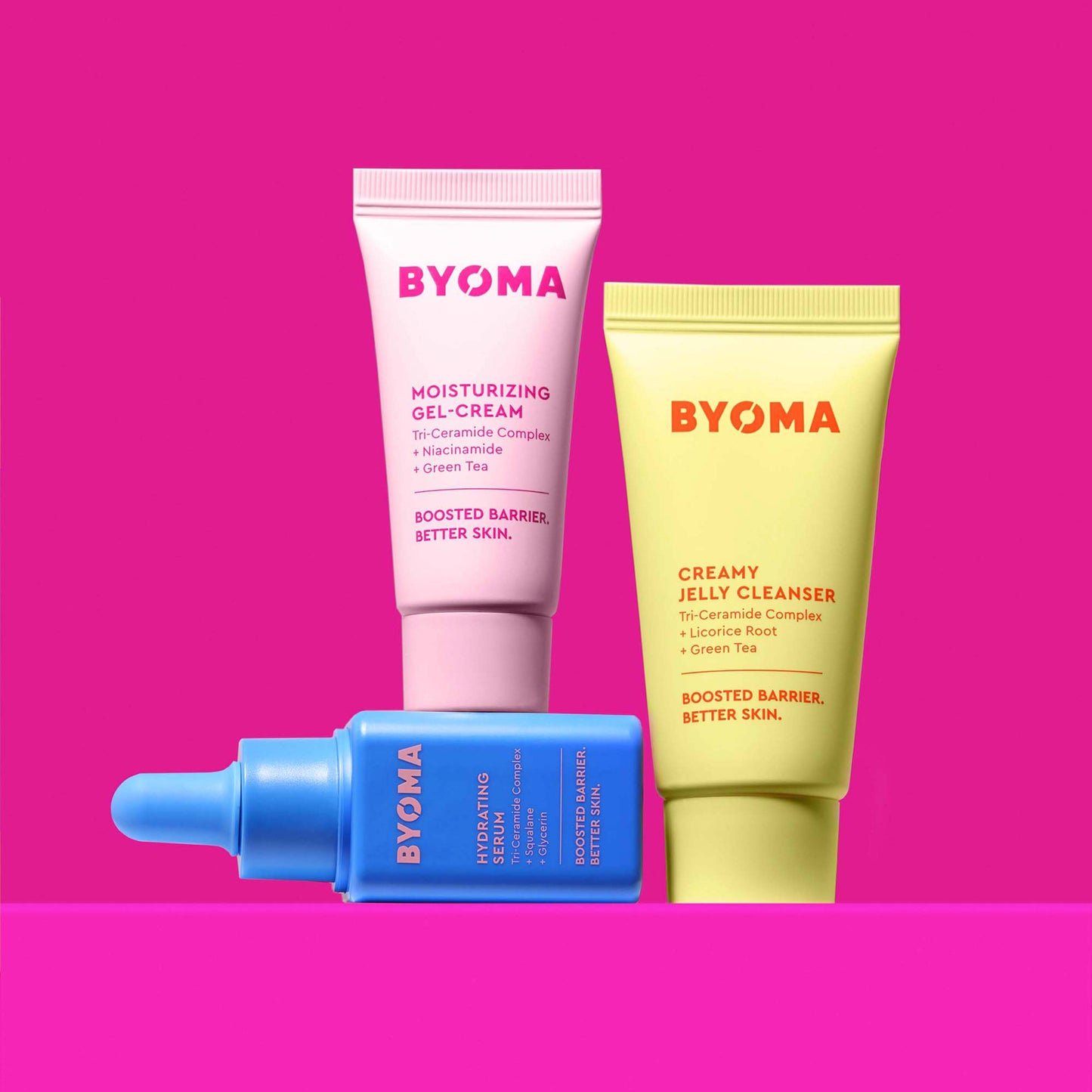 BYOMA skincare trio featuring Moisturizing Gel-Cream, Creamy Jelly Cleanser, Hydrating Serum.