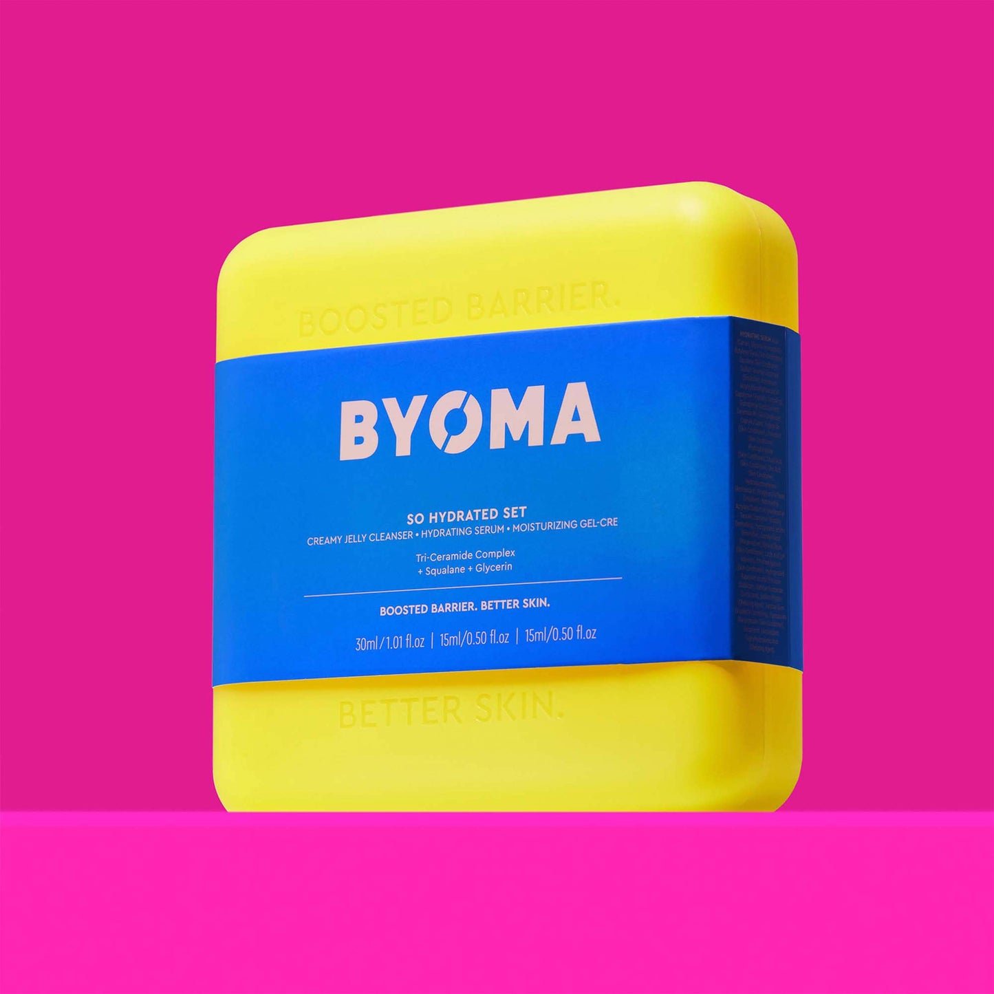 BYOMA So Hydrated Set in a vibrant yellow case with a bold blue label.