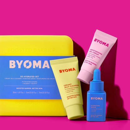 BYOMA So Hydrated Set featuring a yellow case, accompanied by a Moisturizing Gel-Cream, Creamy Jelly Cleanser, and Hydrating Serum.