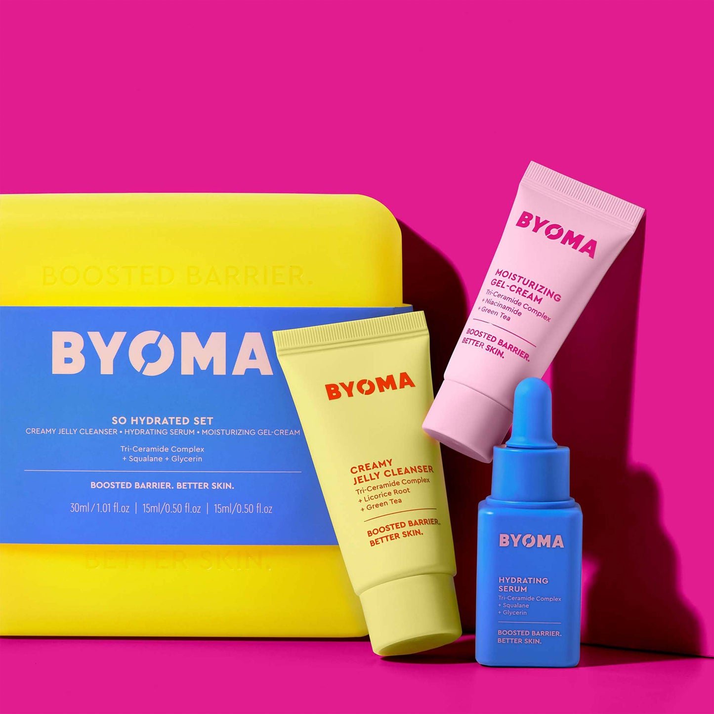 BYOMA So Hydrated Set featuring a yellow case, accompanied by a Moisturizing Gel-Cream, Creamy Jelly Cleanser, and Hydrating Serum.