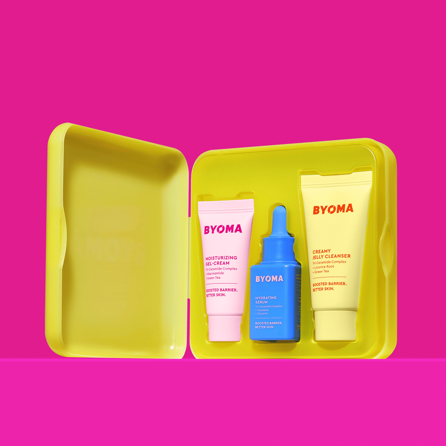 BYOMA So Hydrated Set featuring a yellow case with Moisturizing Gel-Cream, Creamy Jelly Cleanser, and Hydrating Serum inside.