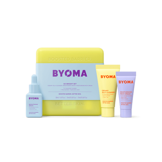 BYOMA So Bright Set featuring a yellow case, accompanied by a Brightening serum, Creamy Jelly Cleanser and Moisturizing Rich Cream.