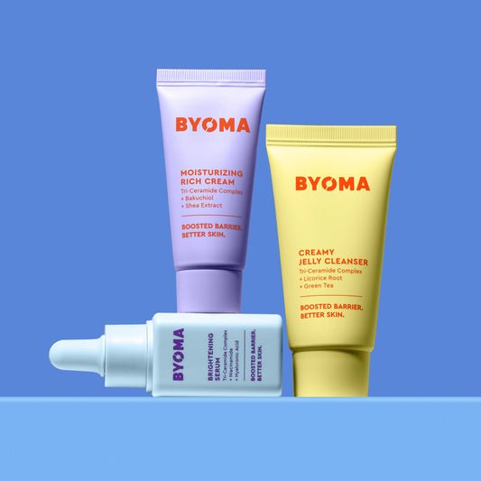 BYOMA skincare trio featuring Brightening serum, Creamy Jelly Cleanser and Moisturizing Rich Cream.