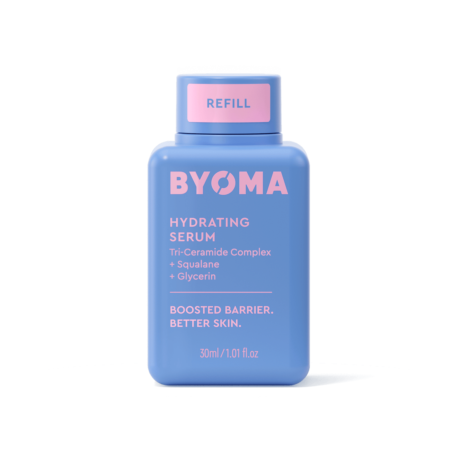 BYOMA Hydrating Serum refill in a blue bottle. 