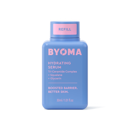BYOMA Hydrating Serum refill in a blue bottle. 