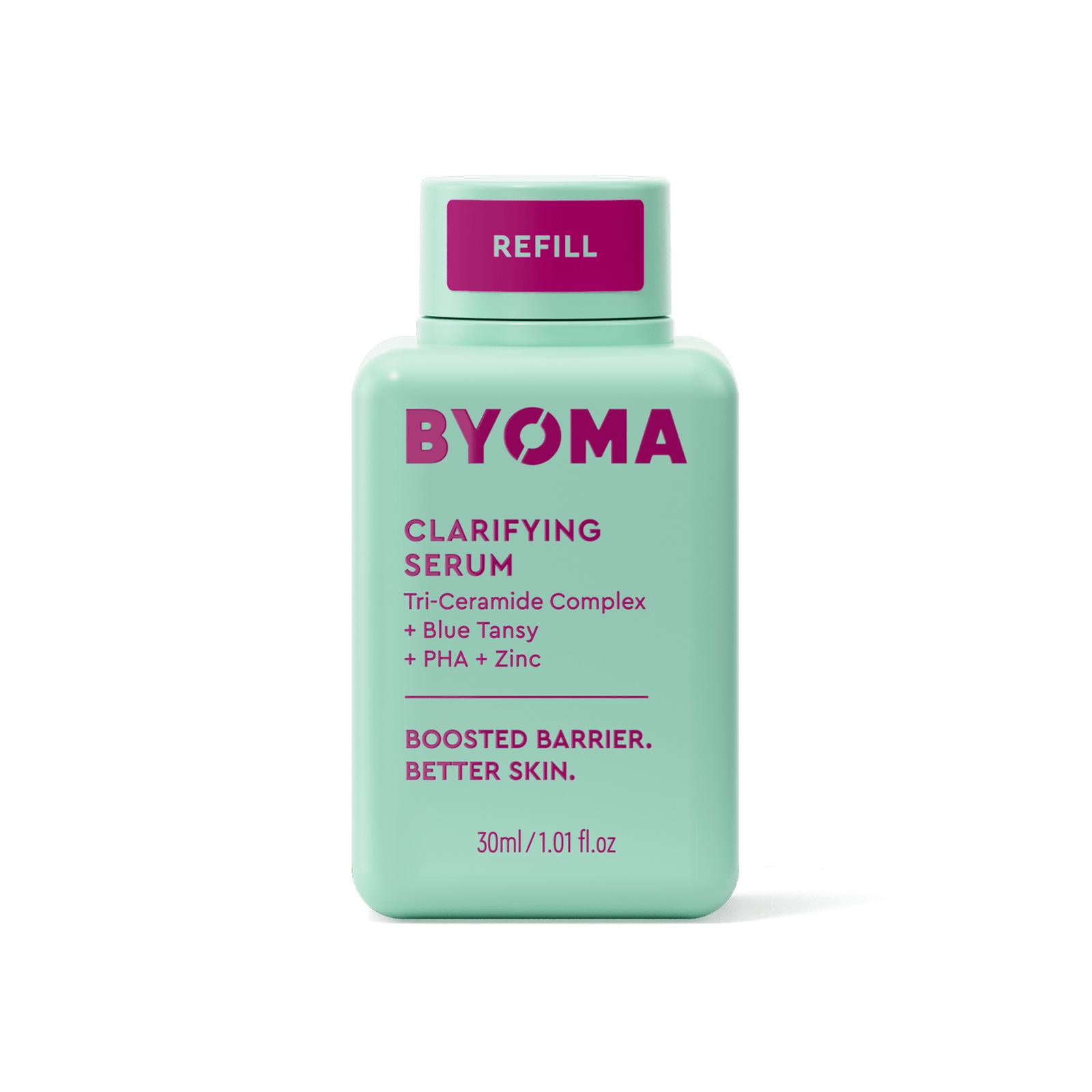 A BYOMA Clarifying Serum refill bottle in mint green.