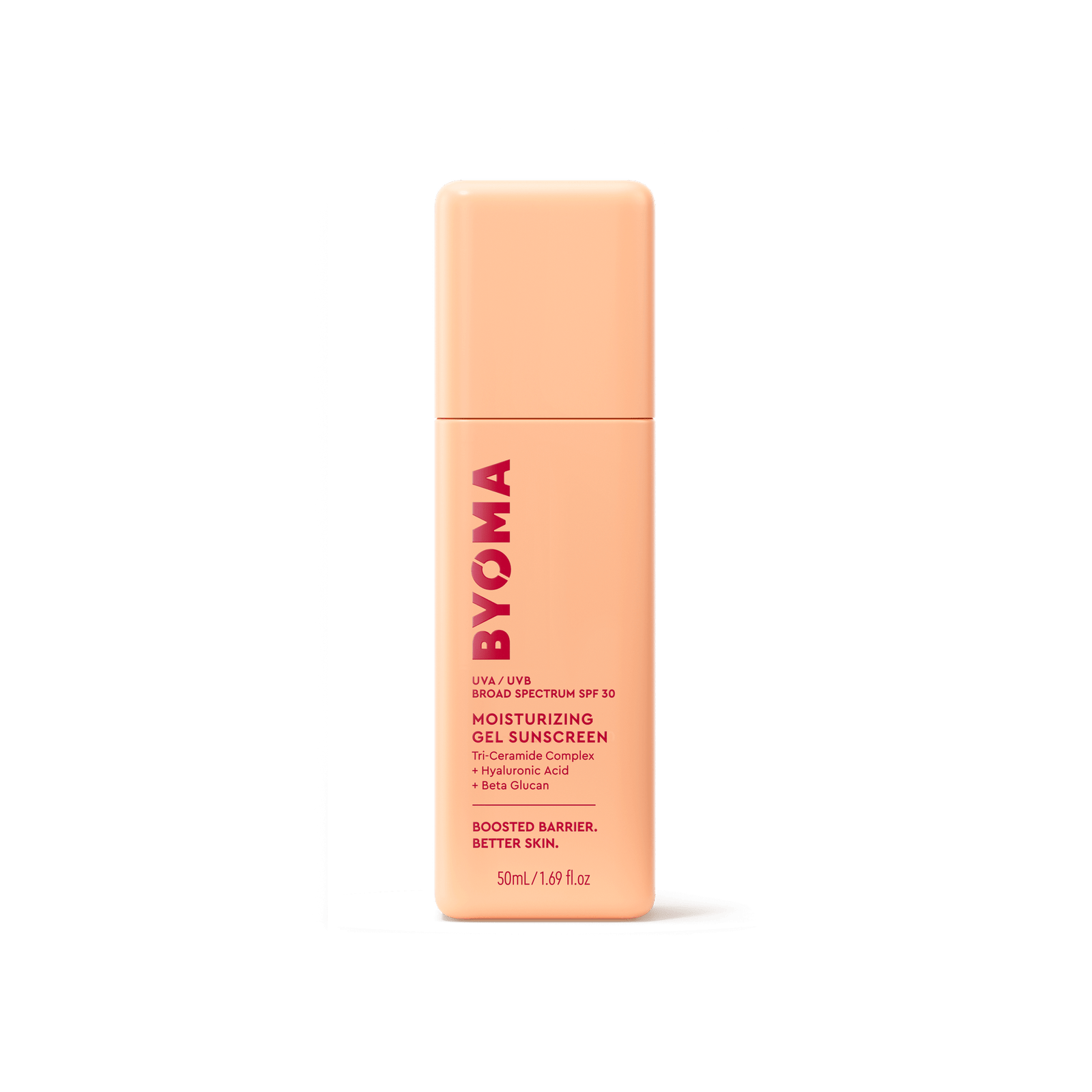 A bottle of Byoma Moisturizing Gel Sunscreen with UVA/UVB Broad Spectrum SPF 30.