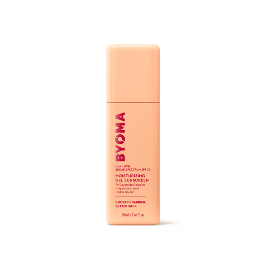 A bottle of Byoma Moisturizing Gel Sunscreen with UVA/UVB Broad Spectrum SPF 30.