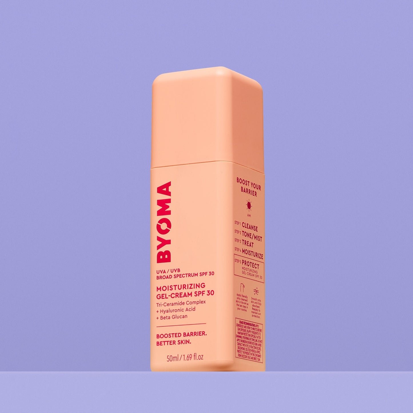 A peach-colored bottle of Byoma Moisturizing Gel-Cream SPF 30 with UVA/UVB protection.