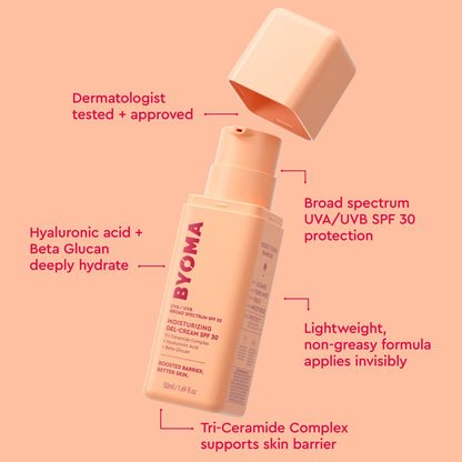An open bottle of Byoma Moisturizing Gel-Cream SPF 30.