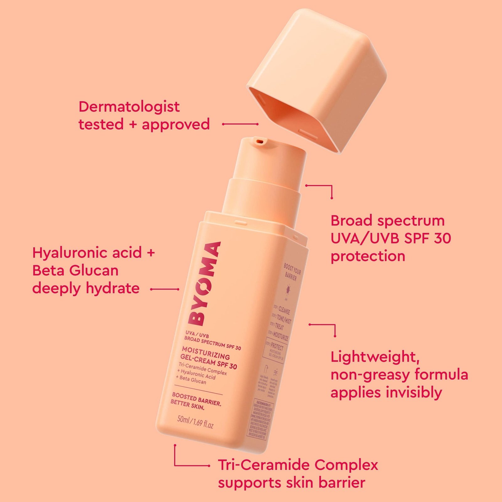 An open bottle of Byoma Moisturizing Gel-Cream SPF 30.
