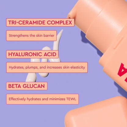 A pink BYOMA bottle dispensing product, featuring text that highlights key ingredients: Tri-Ceramide Complex, Hyaluronic Acid, and Beta Glucan.