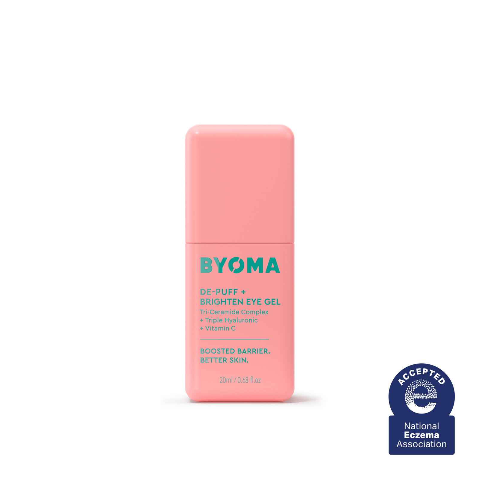 A bottle of Byoma De-Puff + Brighten Eye Gel.