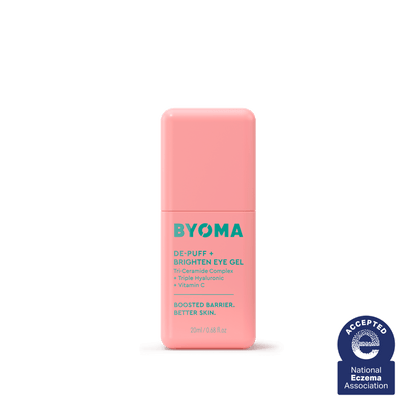 A bottle of Byoma De-Puff + Brighten Eye Gel.