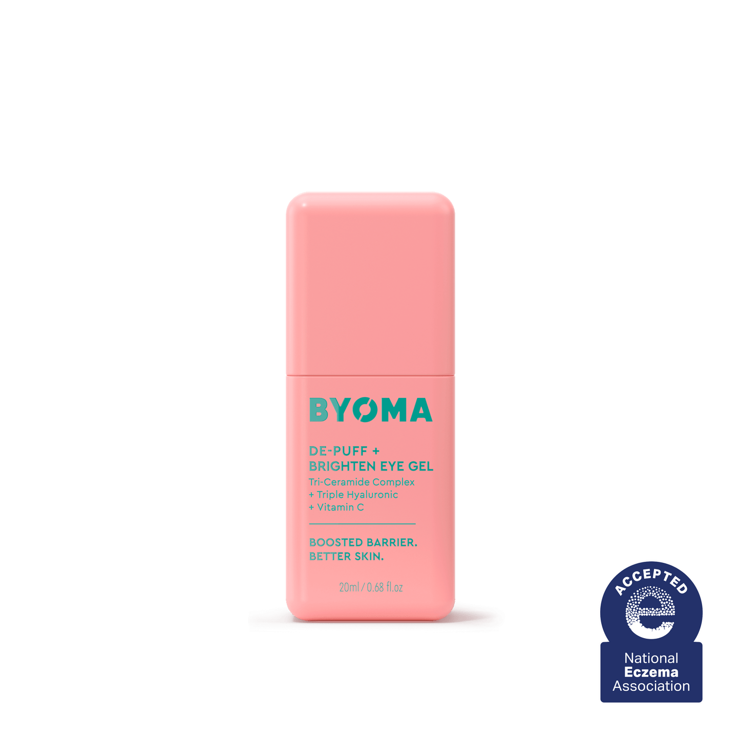 A bottle of Byoma De-Puff + Brighten Eye Gel.