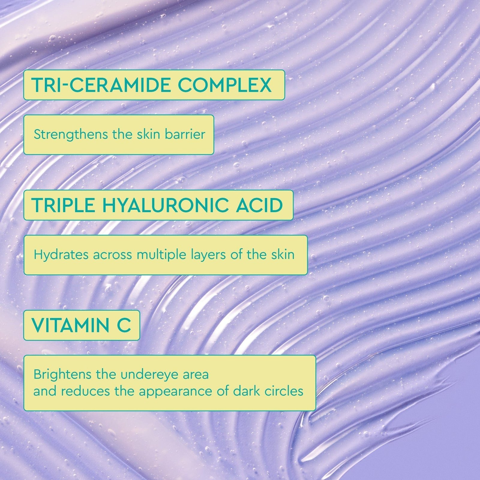 A purple background with a creamy texture, highlighting benefits for Tri-Ceramide Complex, Triple Hyaluronic Acid, Vitamin C. 