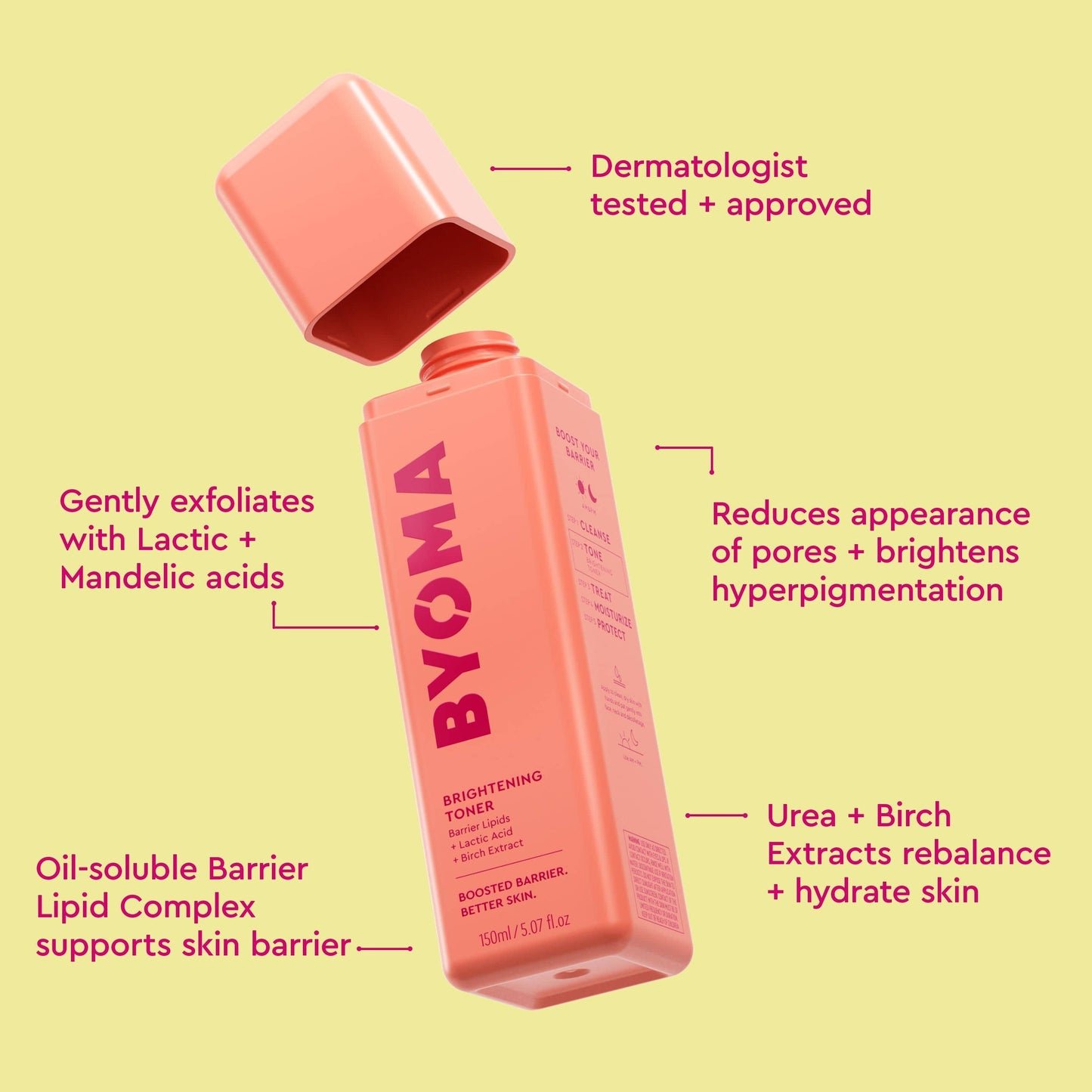 A BYOMA Brightening Toner bottle with its cap floating above, featuring highlighted key benefits.