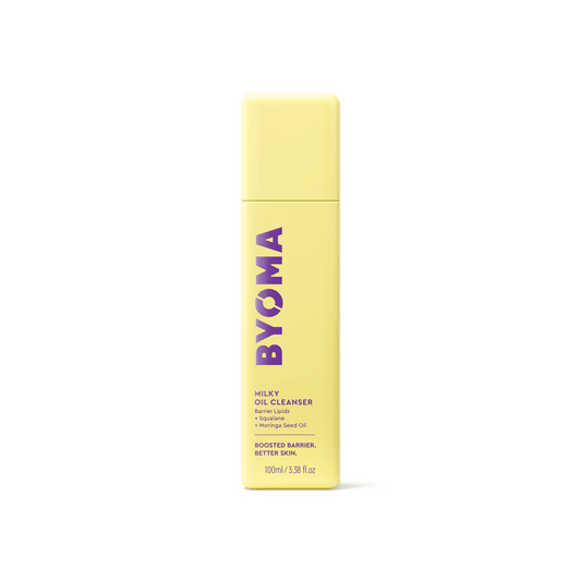 A yellow bottle of Byoma Milky Oil Cleanser.