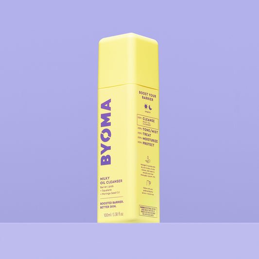 A Yellow bottle of BYOMA Milky Oil Cleanser.