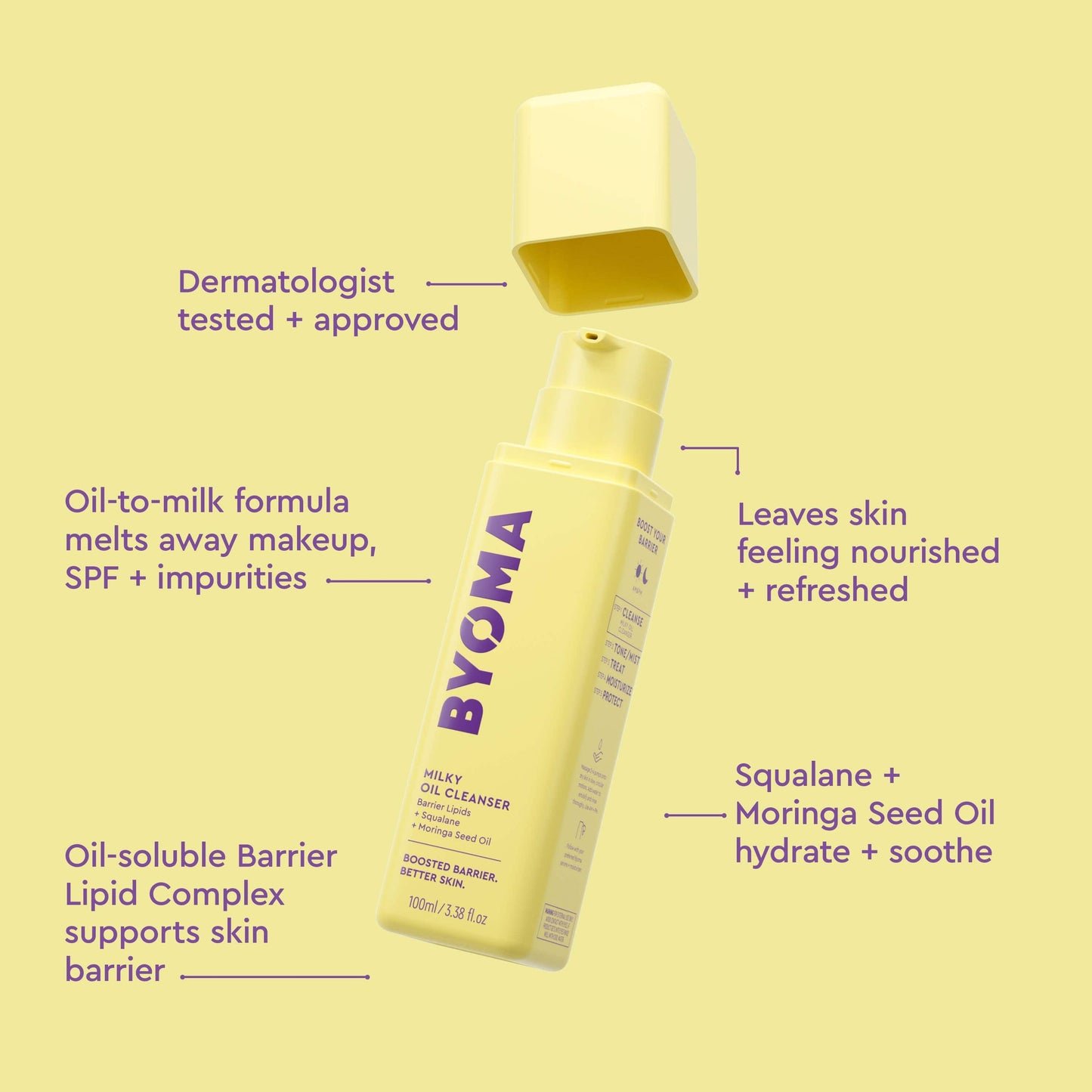 Yellow bottle of BYOMA Milky Oil Cleanser with cap off, showcasing product details.