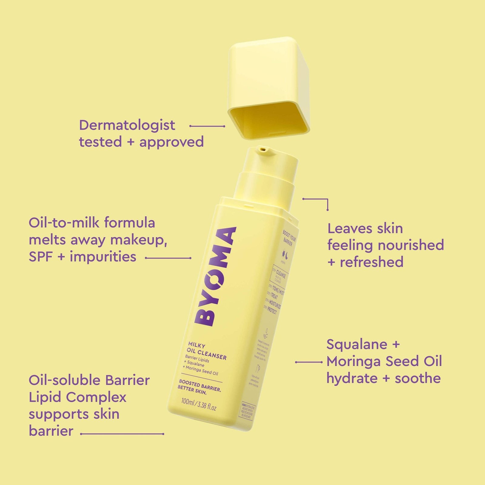 Yellow bottle of BYOMA Milky Oil Cleanser with cap off, showcasing product details.