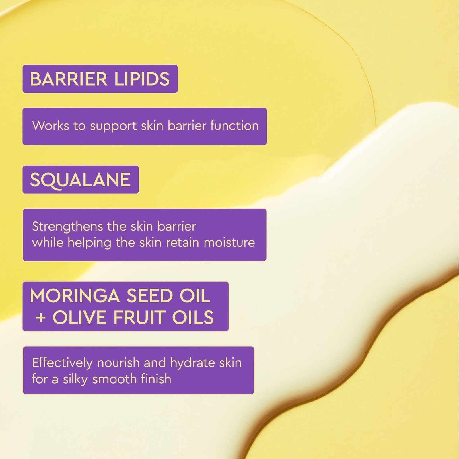 An infographic showing skincare ingredients like Barrier Lipids, Squalane, Moringa Seed Oil, and Olive Fruit Oil.