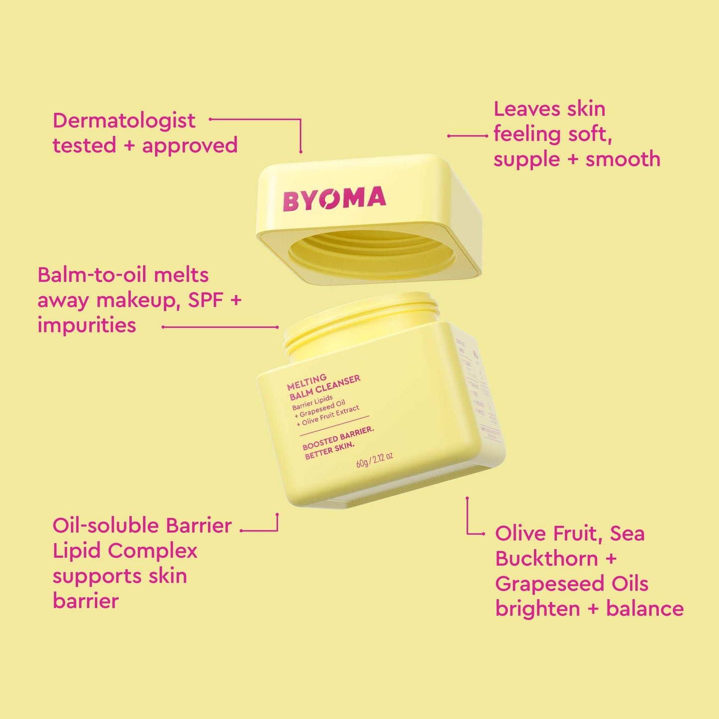 BYOMA Melting Balm Cleanser with key ingredients like grape seed oil and olive fruit, shown with the lid open.