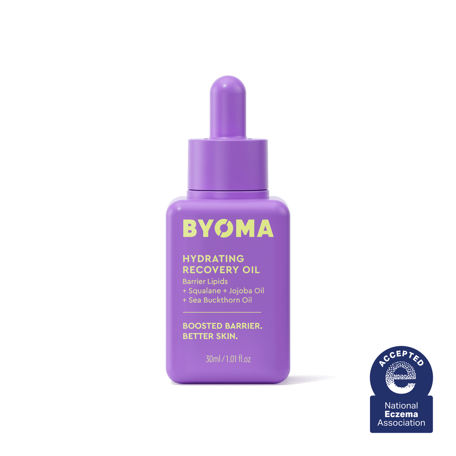 A BYOMA Hydrating Recovery Oil bottle in purple with National Eczema Association seal.