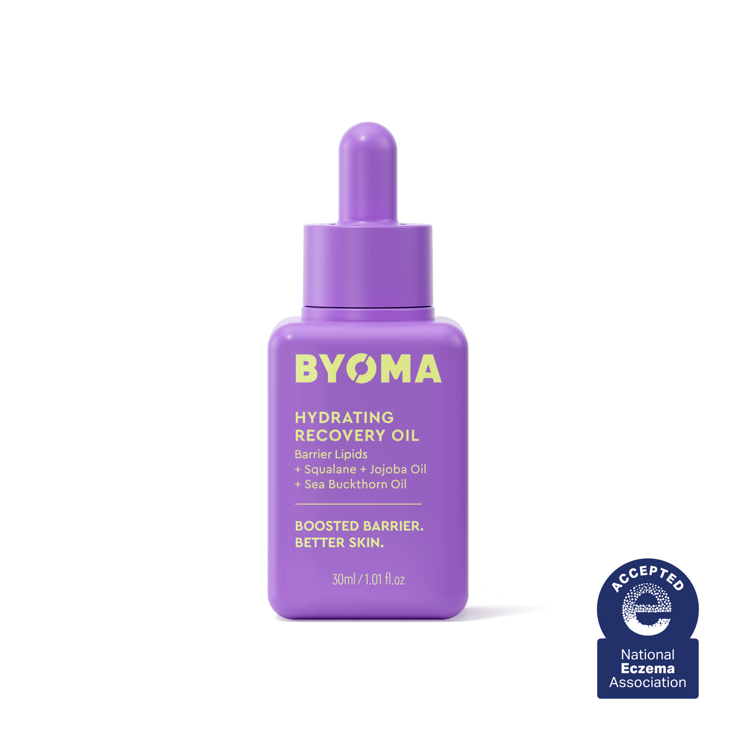 A BYOMA Hydrating Recovery Oil bottle in purple with National Eczema Association seal.