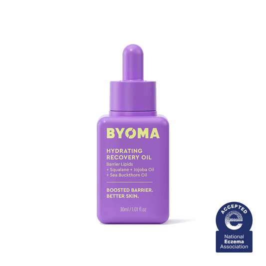 A BYOMA Hydrating Recovery Oil bottle in purple with National Eczema Association seal.