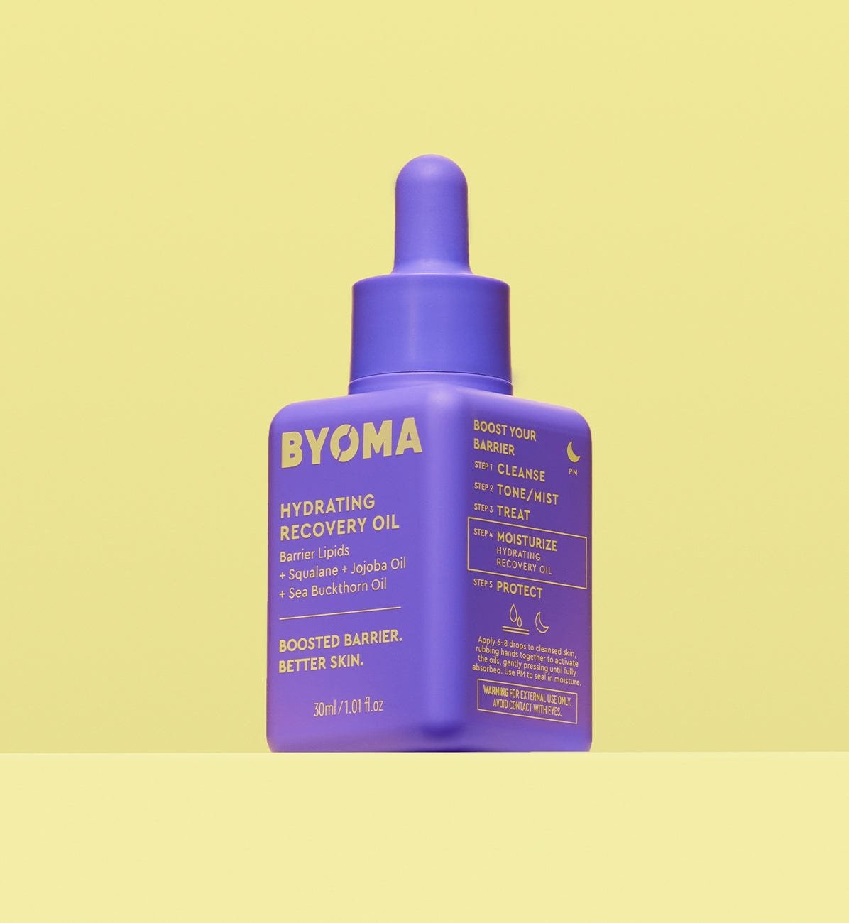 BYOMA Hydrating Recovery Oil in a bold purple bottle. 