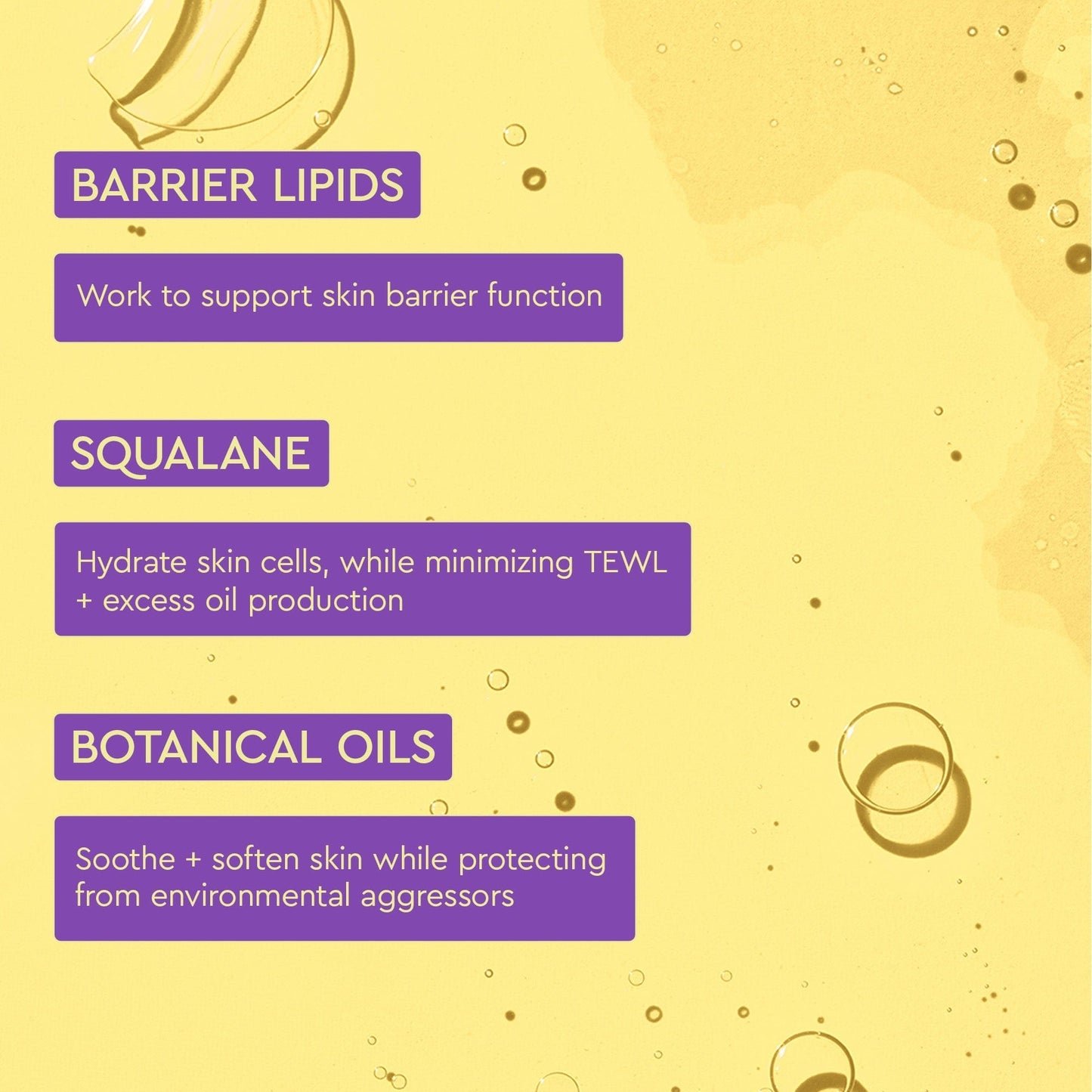 A skincare infographic highlighting key ingredients and their benefits: Barrier Lipids, Squalane, and Botanical Oils.